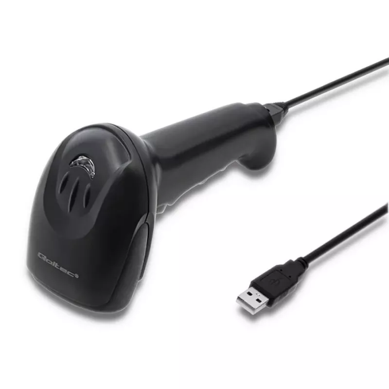 Rankinis brūkšninių kodų skaitytuvas QOLTEC 50866 – 1D lazerinis, USB laidinis, 600 mm diapazonas, juodas, 161,5×88×77 mm