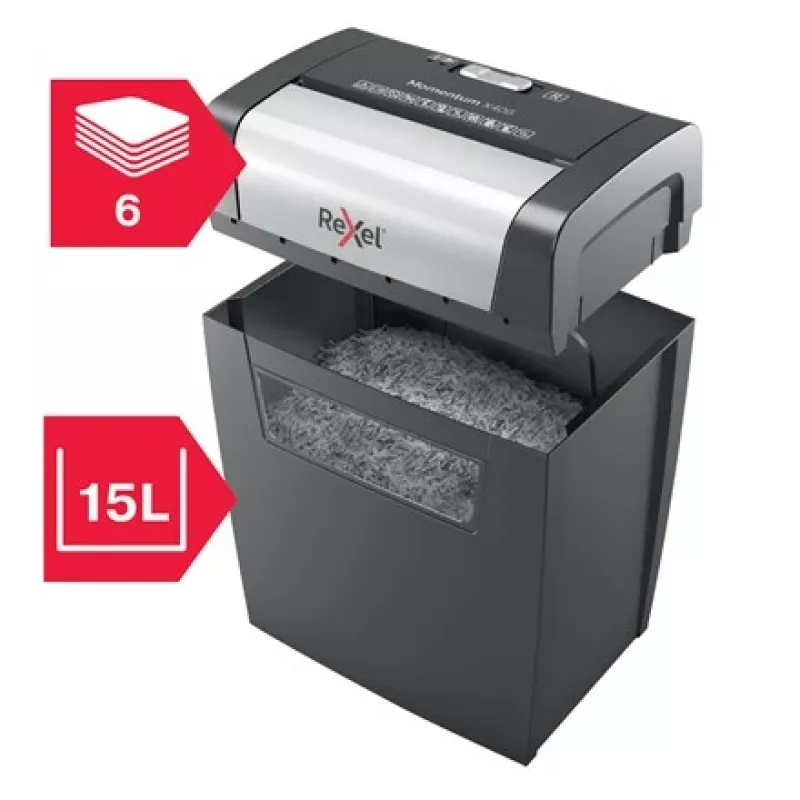 Rexel Momentum X406 kryžminio pjovimo popieriaus smulkintuvas P4, 4 x 28 mm, 15 l, 125 lapų, 70 dB, mygtukai