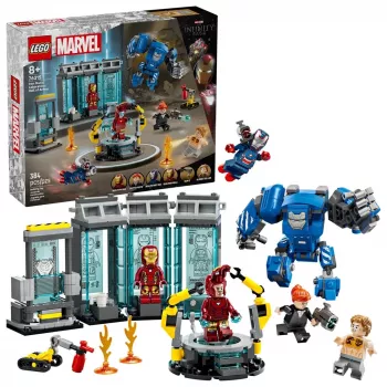 LEGO Marvel rinkinys Geležinio žmogaus laboratorija Šarvų salė 76315 — 384 detalės, 5 minifigūrėlės, ekspozicinė zona