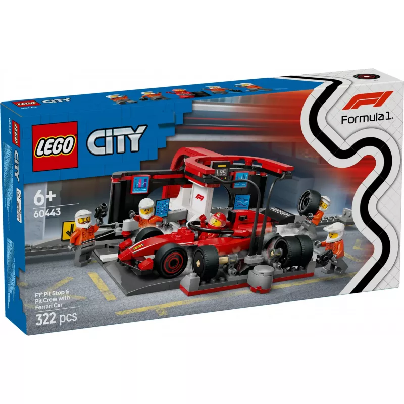 LEGO City F1 Pit Stop rinkinys 60443 – Ferrari F1 automobilis, 322 detalės, 5 minifigūrėlės, nuo 6 metų