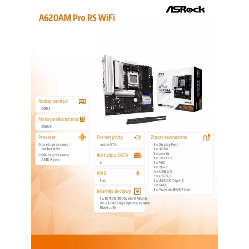 Motininė plokštė ASROCK A620AM PRO RS WIFI AM5 microATX, AMD A620, 4×DDR5, Wi‑Fi, HDMI, DP, 3×M.2, 2×SATA, 7.1 garso, 1Gb LAN