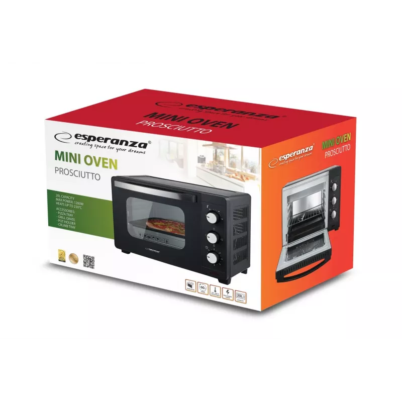 Mini orkaitė ESPERANZA EKO008N — 20 L, 1280 W, iki 230°C, mechaninis laikmatis