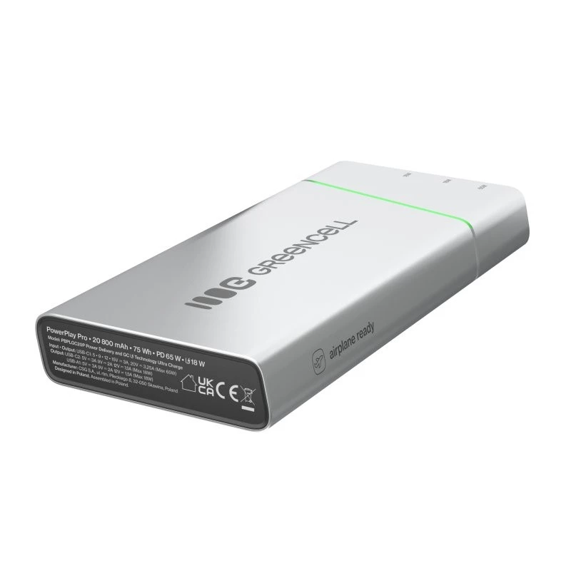 Nešiojama baterija Green Cell BPLGC20P 20800 mAh Li‑Jonų, USB‑C PD 65W, 2x USB‑C + 1x USB‑A, aliumininis korpusas
