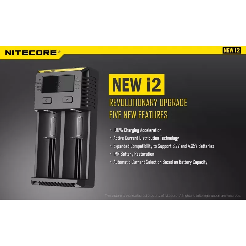 Baterijų kroviklis Nitecore NEW i2 — 2 angos, LiFePO4, Li-Ion, NiMH, 100–240 V, juodas