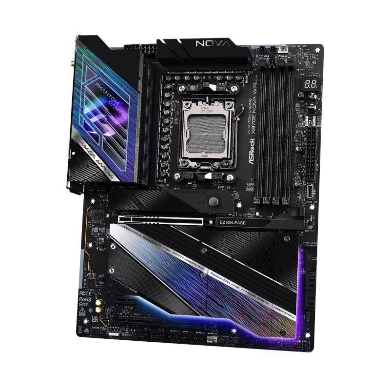 Motininė plokštė ASROCK X870E NOVA WIFI, AMD X870E, Socket AM5, ATX, DDR5, 4x DIMM, 256GB, Wi‑Fi 7, BT 5.4, 5Gb LAN, PCIe Gen5 M.2