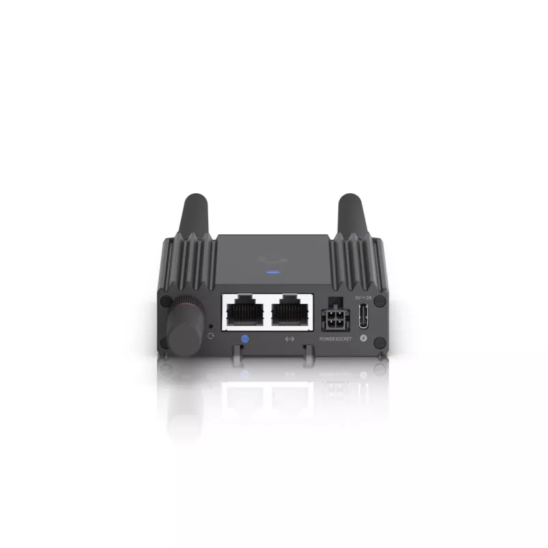 Maršrutizatorius su koriniu ryšiu Ubiquiti UMR-Ultra — 4G LTE, NanoSIM, 2,4 GHz Wi‑Fi (802.11g), 2x RJ‑45, 3 išorinės SMA antenos, 5–30 V DC