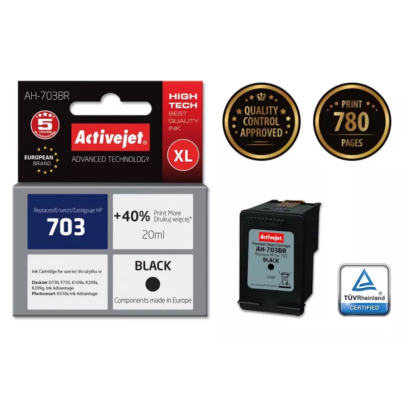 Kasetė ActiveJet AH-703BR, suderinama su HP 703 CD887AE, juoda, High (XL) 20 ml, pigmentinis rašalas