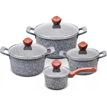 PROMIS GRANITE puodų ir prikaistuvio rinkinys 16, 20, 24, 28 cm su žaliomis aliuminio rankenomis