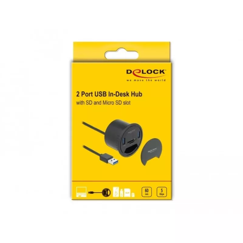 Delock 64152 USB 3.2 Gen 1 šakotuvas, 2 prievadai, su SD/microSD kortelių skaitytuvu