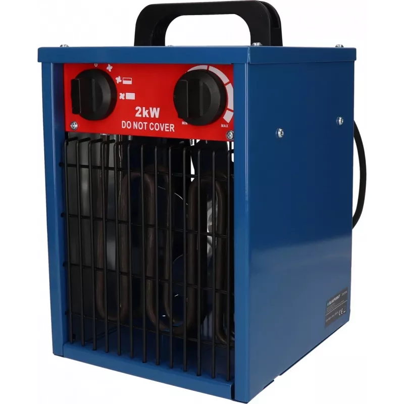 Elektrinis ventiliatorinis šildytuvas BLAUPUNKT EH7010 — 2000 W, nerūdijančio plieno elementas, IPX4, naudojamas ant grindų, iki 22 m², juoda/mėlyna/raudona