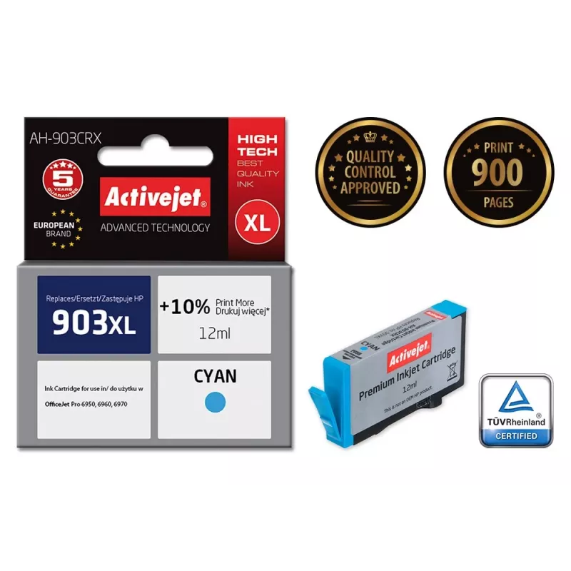 Activejet AH-903CRX rašalo kasetė (HP 903XL T6M03AE pakaitalas; Premium; 12 ml; žydra)