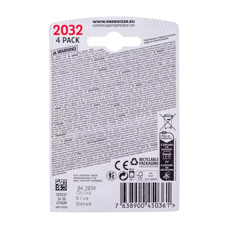 Energizer baterija CR2032, 4 vnt., 3V, ECO