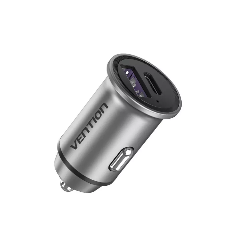Vention dviejų prievadų USB A+A automobilinis įkroviklis, pilka spalva, mini stiliaus aliuminio lydinys