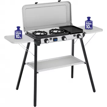 Camping Kitchen 2 Multi Cook Plus, dujinė viryklė pilka, 2 kaitvietės 2x 1,8 kW + grotelių plokštė 0,9 kW, modelis 2025