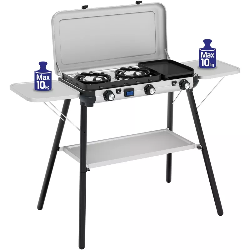 Camping Kitchen 2 Multi Cook Plus, dujinė viryklė pilka, 2 kaitvietės 2x 1,8 kW + grotelių plokštė 0,9 kW, modelis 2025
