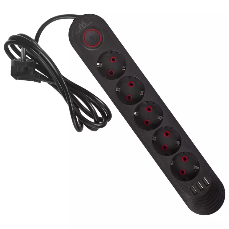 Maitinimo blokas MACLEAN MCE395 B – 5 kištukiniai lizdai, 3×USB, 110–240V AC, 2.1A USB, 2500W, 1,5 m laidas, juodas