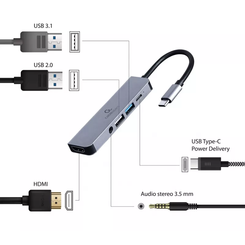 Gembird A-CM-COMBO5-02 USB-C 5-in-1 universalus adapteris, sidabrinis