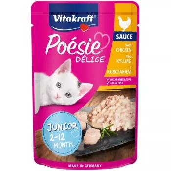 Šlapias kačių ėdalas Vitakraft Poésie Délice Junior vištiena, 85 g pakelis, baltymai 8,5%, riebalai 5%, drėgmė 84%