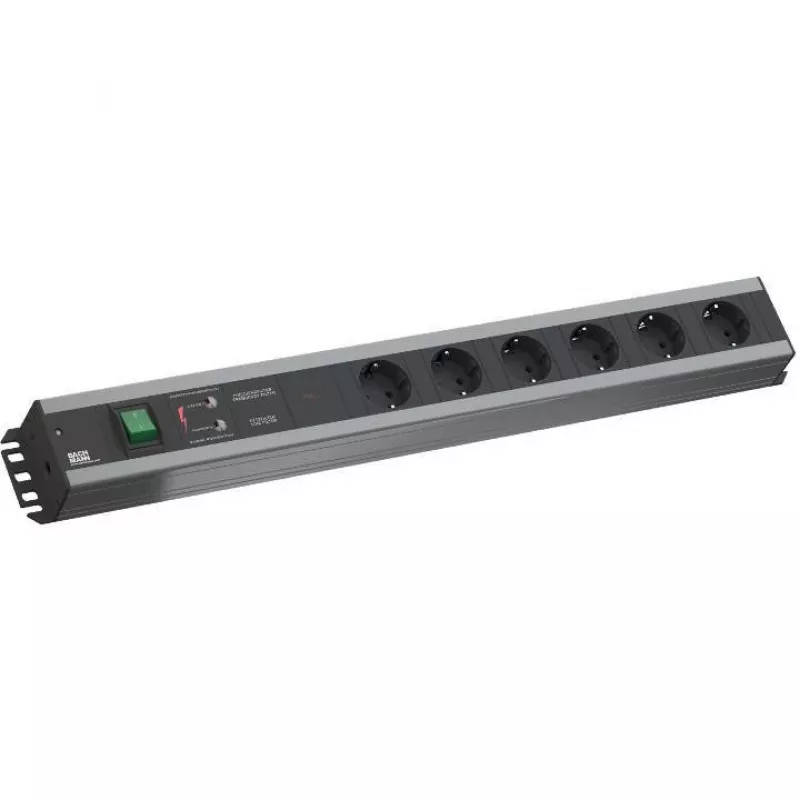Bachmann 300.012 PDU Basic maitinimo skirstytuvas, 6 AC lizdų, 2U, 2 m kabelis, juoda/pilka