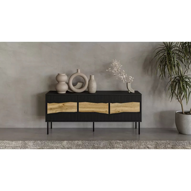 TV spintelė cama meble INSERTO 3D 143.5x40x61.5 cm juoda su LED, medžio drožlių plokštės viršus