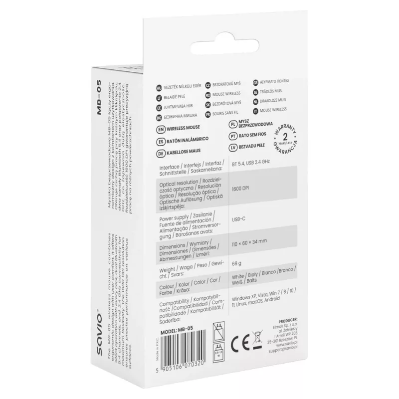 Savio MB-05 pelė universali ambidekstrinė Bluetooth 1600 DPI