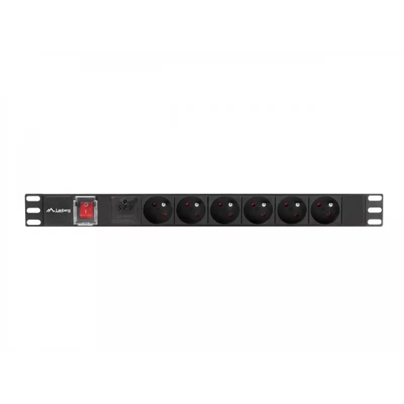 Maitinimo skirstytuvas LANBERG PDU-06E-0200-BK — 6x E tipo lizdai, 16 A, 2 m laidas, 1U stovas, 220–250 V