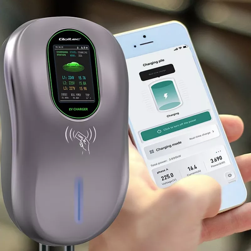 QOLTEC 52430 22 kW Wi‑Fi RFID 3‑fazių 32 A 2 tipo IP54 elektromobilių įkrovimo stotelė