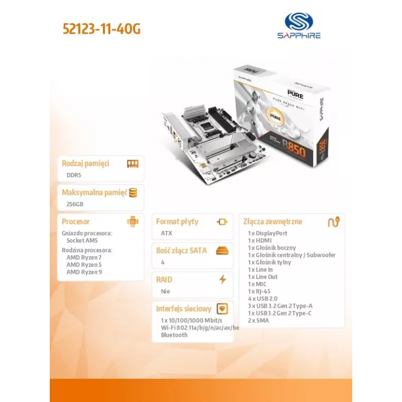 Pagrindinė plokštė Sapphire PURE B850A WIFI7 ATX