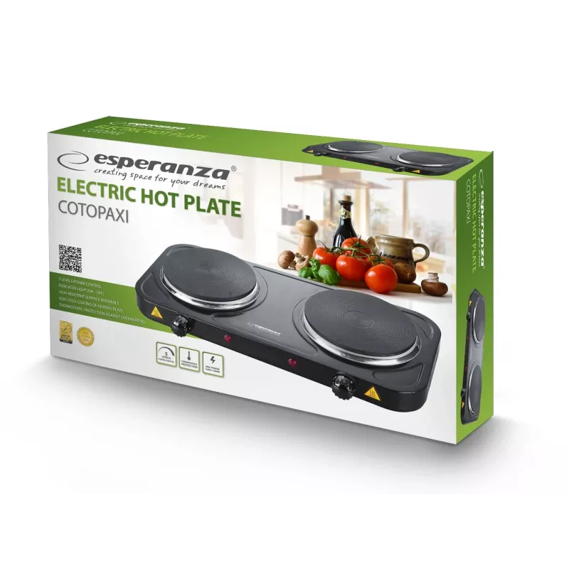 Elektrinė kaitlentė ESPERANZA EKH010K — 2 zonų juoda, 155 mm, 2000 W, sukamosios rankenėlės
