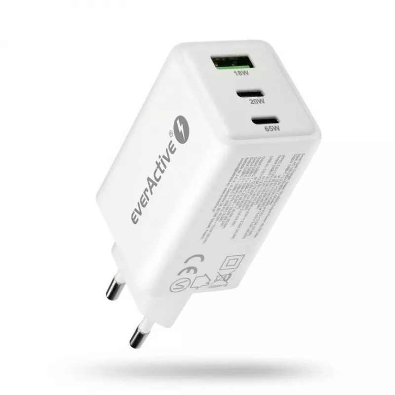 Įkroviklis everActive SQ-655Q 65W, 1×USB-A + 2×USB-C greitas įkrovimas