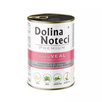 Dolina Noteci Premium veršiena su žaliaisiais žirneliais – drėgnas ėdalas šunims, 400 g