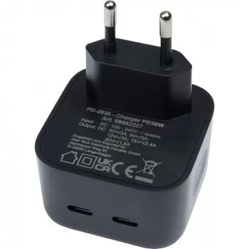 Įkroviklis Inter-Tech PD-2036 išmaniesiems telefonams, juodas, 36 W, 2× USB-C
