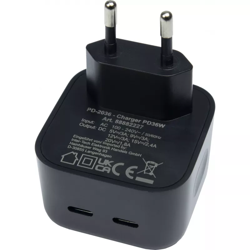 Įkroviklis Inter-Tech PD-2036 išmaniesiems telefonams, juodas, 36 W, 2× USB-C