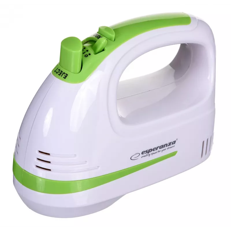 Rankinis plaktuvas ESPERANZA EKM011 — 400 W, 5 greičių, turbo, tešlos kabliukai ir plaktuvai, 220–240 V, baltas/šviesiai žalias