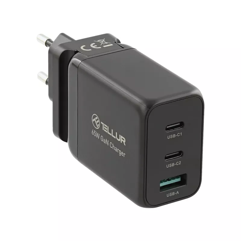 Sieninis įkroviklis Tellur TLL151451 65W, 3 prievadai (2x USB-C, 1x USB-A)