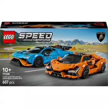 LEGO Speed Champions rinkinys 77238 — Lamborghini Revuelto ir Huracán STO, 607 dalių, 2 minifigūrėlės, rekomenduojama nuo 10 metų