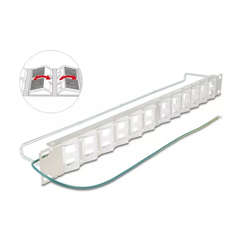 Patch panel 19 inch DELOCK 24 prievadų keystone, pasukami prievadai, įtempimo mažinimas, 1U metalinis