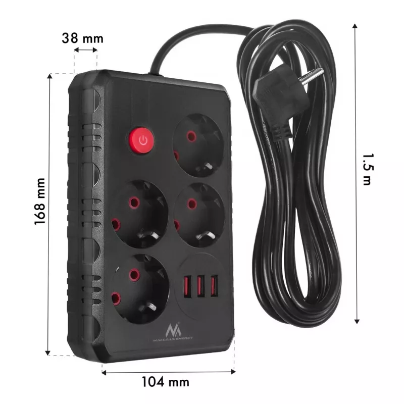 Ilgintuvas MACLEAN MCE392 B – 4 kištukiniai lizdai, 3×USB, 110–240V, 2,1A, 2500W, 1,5 m laidas, juodas