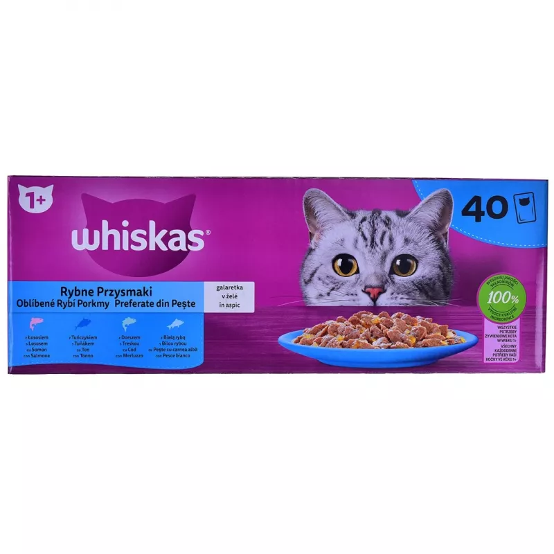 WHISKAS Fish Favourites drebučiuose – šlapias ėdalas katėms – 40x85 g