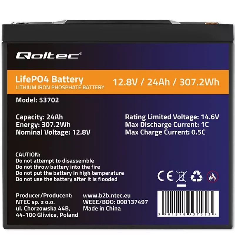 Qoltec 53702 LiFePO4 ličio geležies fosfato baterija | 12.8V | 24Ah | 307.2Wh | BMS