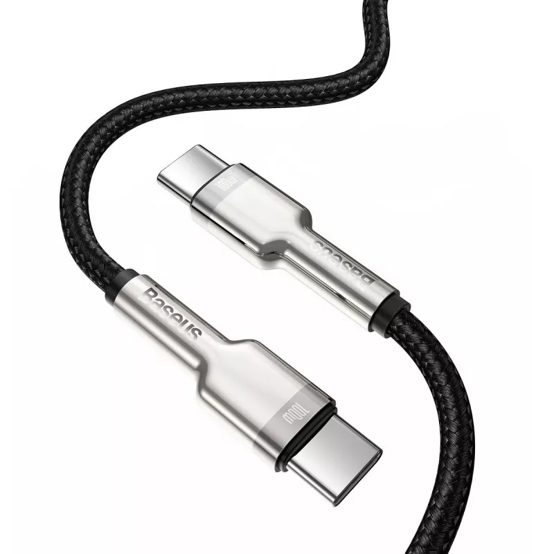 USB-C į USB-C laidas Baseus Cafule Metal — 2 m, 100W įkrovimas, USB 2.0 (480 Mbps), cinkuoti kontaktai, juoda