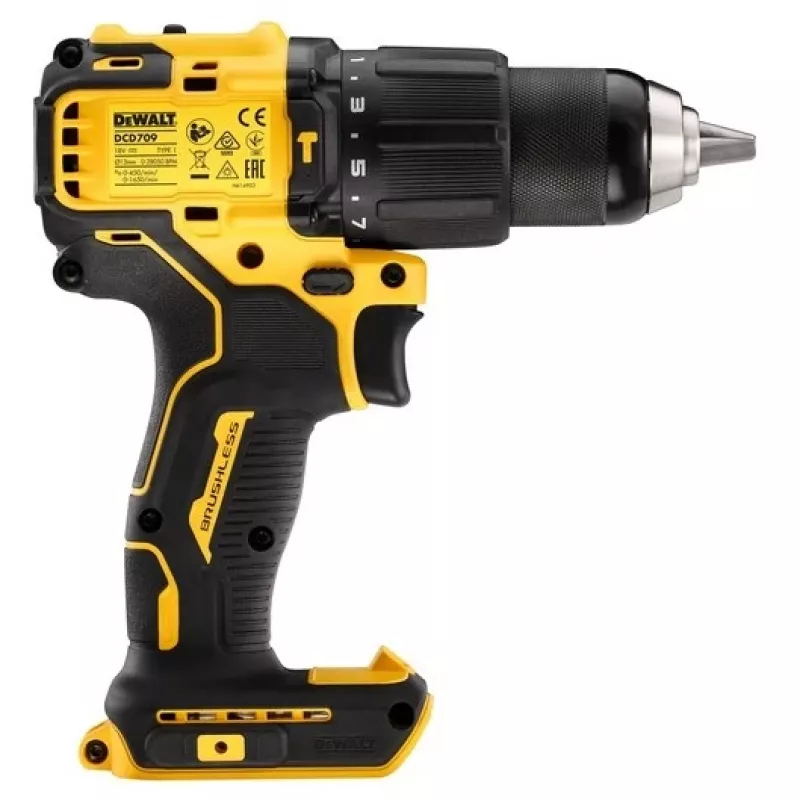 Belaidis gręžtuvas DeWALT DCD709N-XJ, bešepetėlis 18V, 2 greičiai, 1650 RPM, 65 N·m, greitai užveržiamas griebtuvas 1,5–13 mm, 1,2 kg