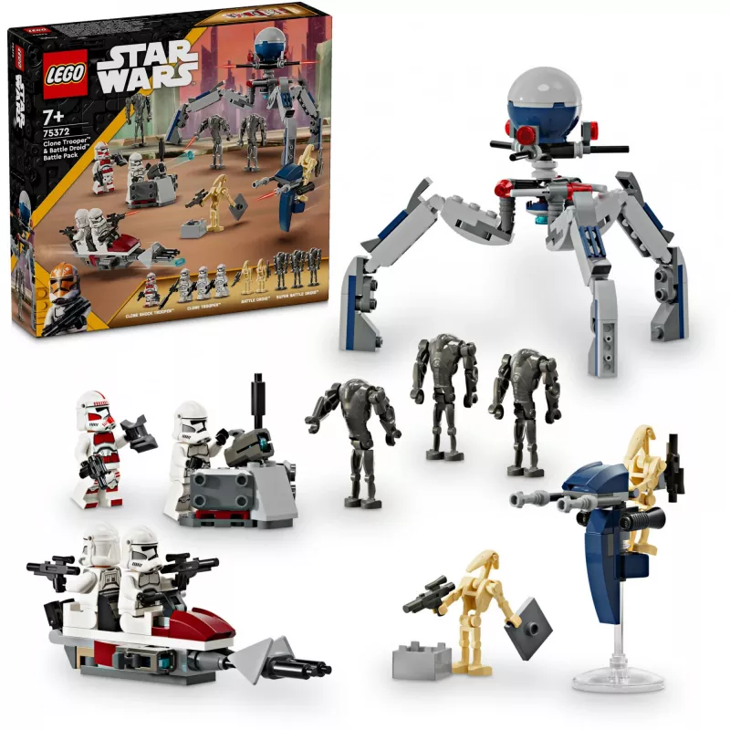 LEGO Star Wars Clone Trooper & Battle Droid Battle Pack – žaislų rinkinys su greičio dviračiu, 4 minifigūrėlėmis ir 5 figūrėlėmis, dovana berniukams