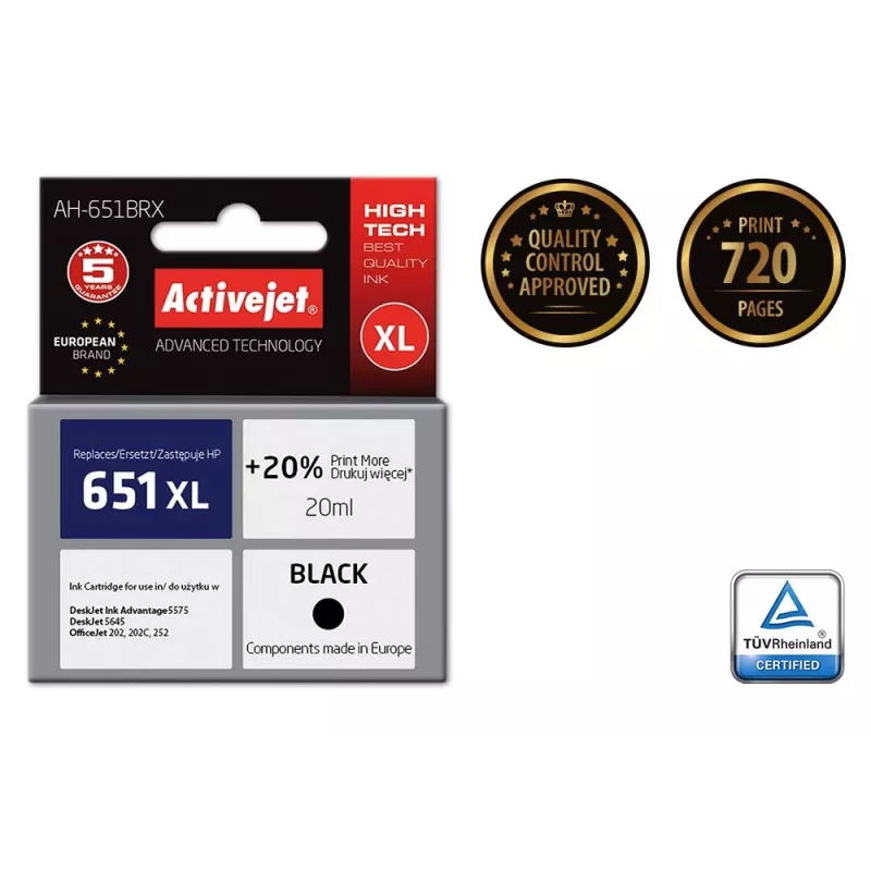 Activejet AH-651BRX rašalas (HP 651 C2P10AE pakaitalas; Premium; 20 ml; juoda)
