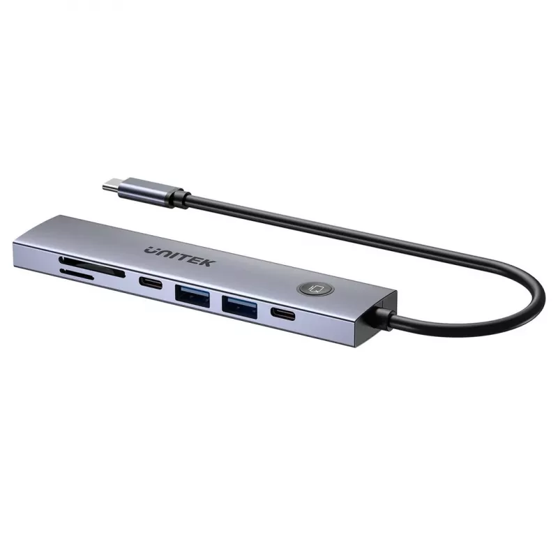 USB-C centrinis įrenginys Unitek H1124AGY01 su 100W PD, HDMI 2.0, 2x USB‑A, 2x USB‑C, SD/microSD skaitytuvu – aliuminis