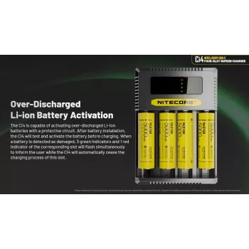 Nitecore Ci4 įkroviklis – universalus USB įkroviklis Li‑Ion, NiCd, NiMH baterijoms, 5/9/12V, 3A, plastikinis