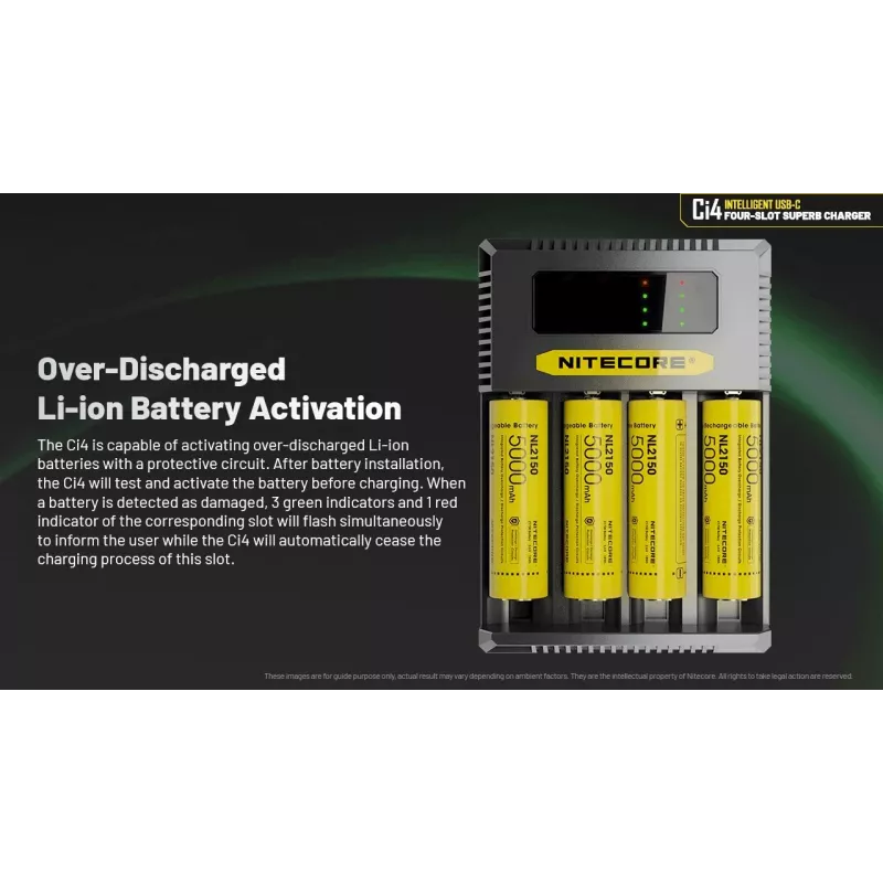 Nitecore Ci4 įkroviklis – universalus USB įkroviklis Li‑Ion, NiCd, NiMH baterijoms, 5/9/12V, 3A, plastikinis