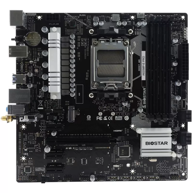 Pagrindinė plokštė BIOSTAR A620MP-E PRO — AMD A620 microATX, lizdas AM5, DDR5, 4 DIMM, iki 128 GB, 2,5Gb LAN