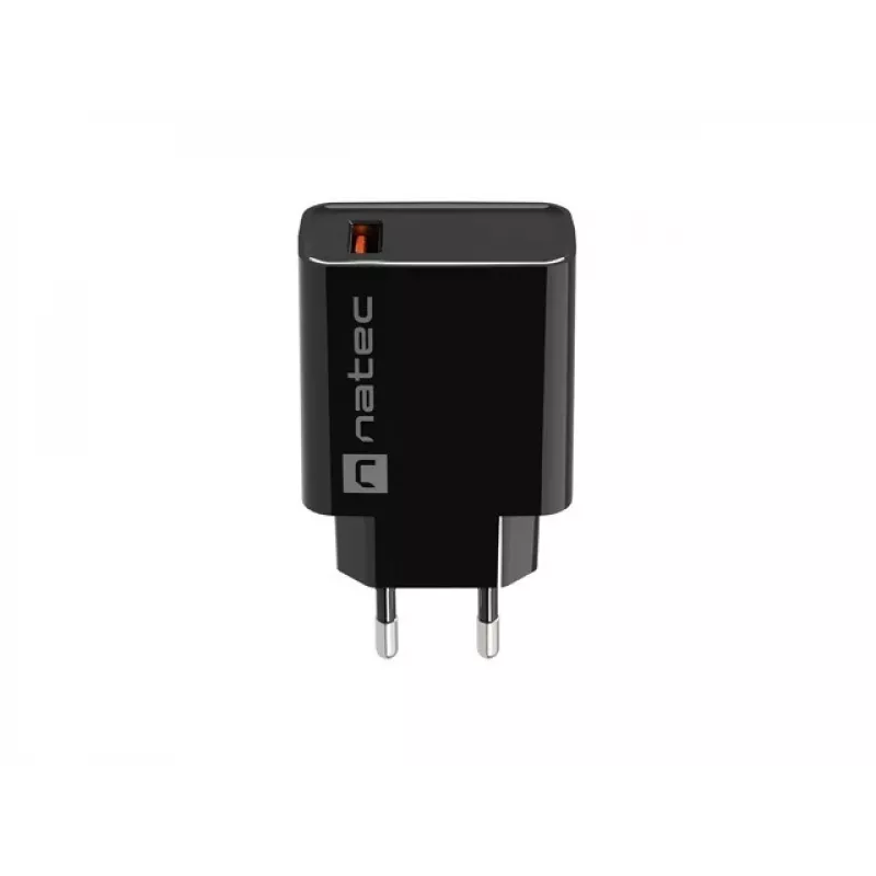 NATEC AC greitasis laidinis sieninis įkroviklis Ribera — 18 W (5–15 V, iki 3 A), 1× USB-A, Huawei FCP/SCP, juodas