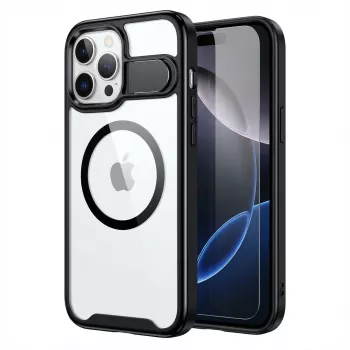 GUAN apsauginis dėklas Apple iPhone 16 Plus su 10H grūdintu stiklu ir atrama, permatoma nugara su juodu rėmeliu